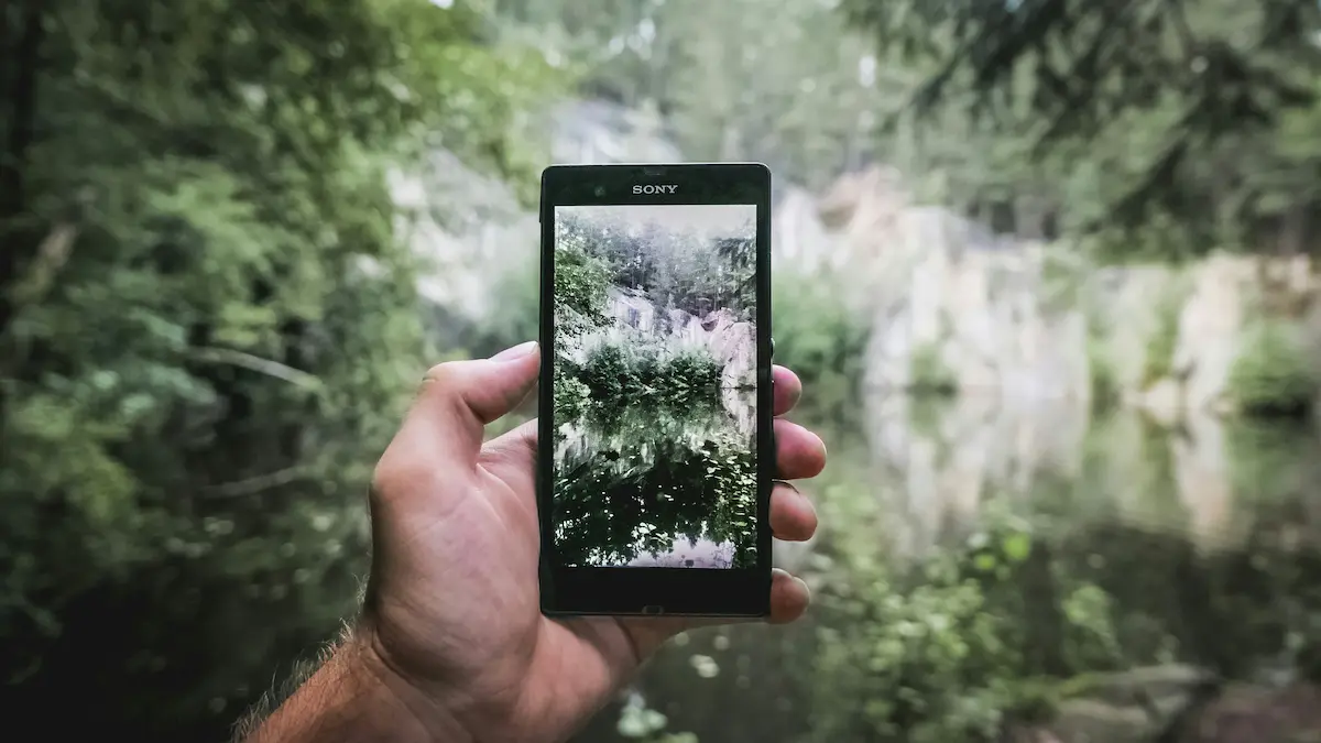 Main tenant un smartphone devant un décor naturel